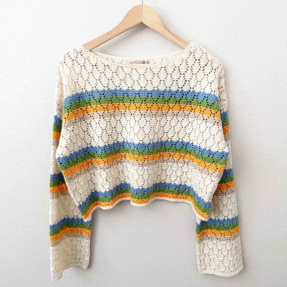 SKYLAR ROSE | Beige Orange Blue Green Tan Stripe Knit Sweater | Size Medium